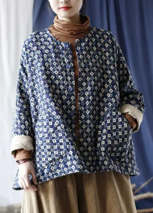 Vintage Blue Oversized Print Linen Coat Spring