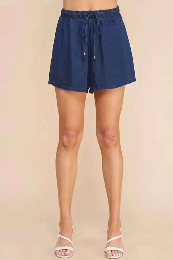 WASHED DENIM HIGH WAISTED TIE SHORTS