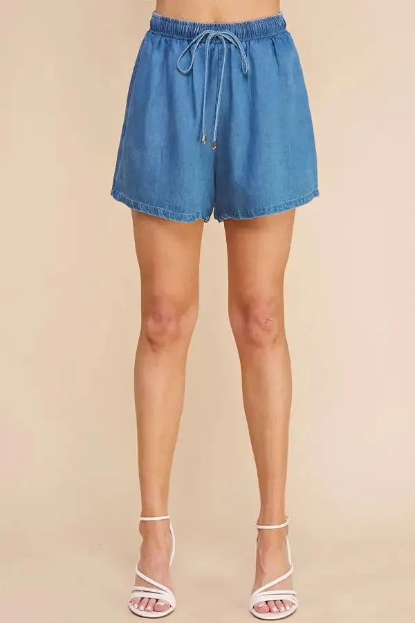 WASHED DENIM HIGH WAISTED TIE SHORTS