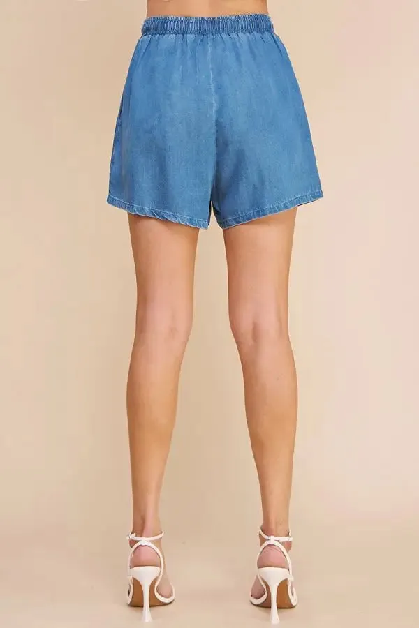 WASHED DENIM HIGH WAISTED TIE SHORTS