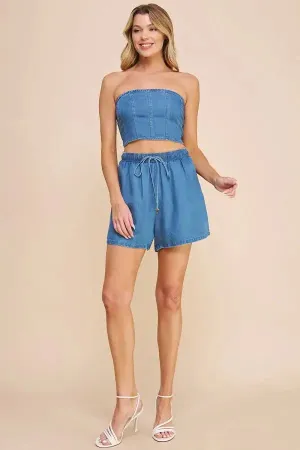 WASHED DENIM HIGH WAISTED TIE SHORTS