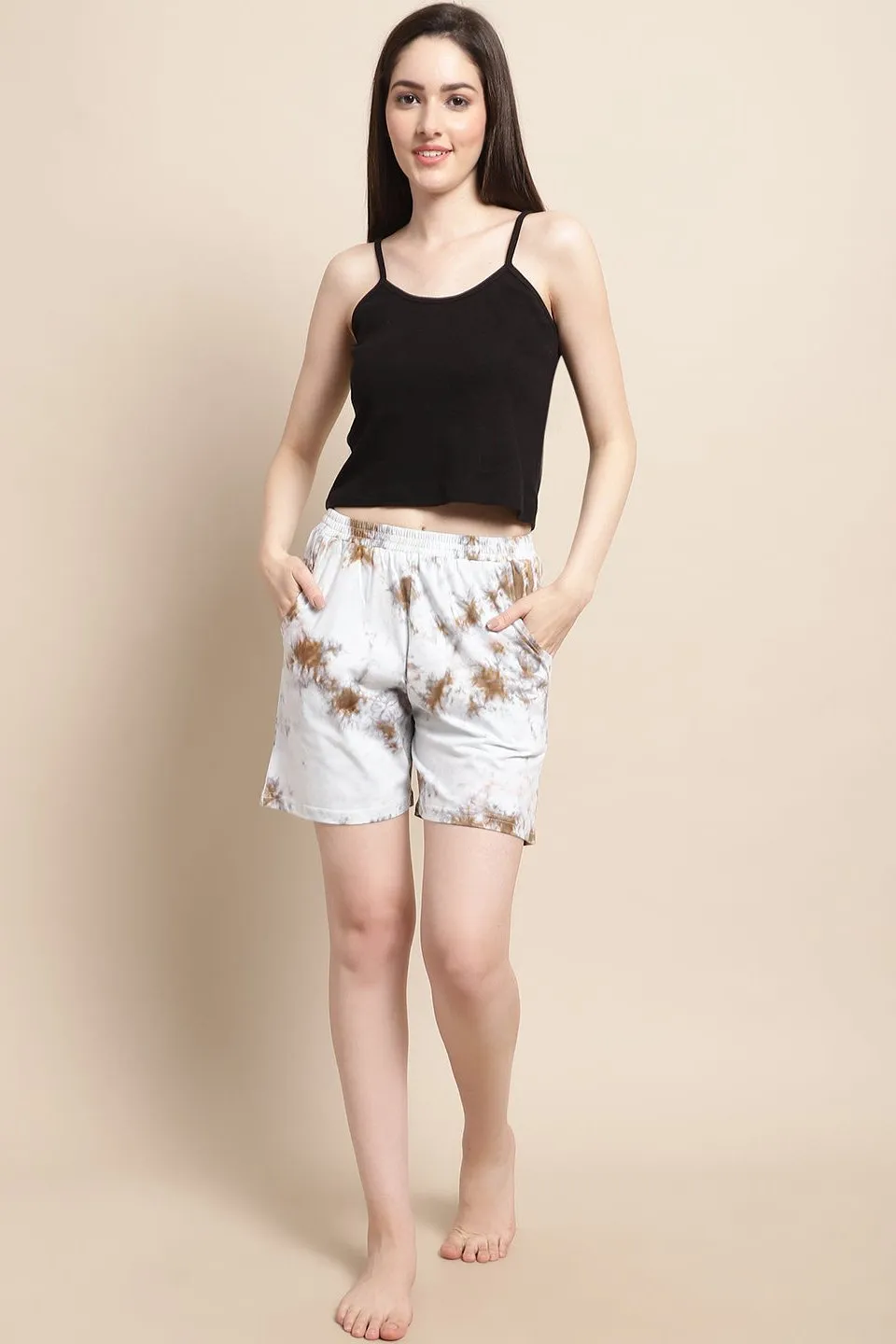White Color Tie and Dye Printed Cotton Short For Women