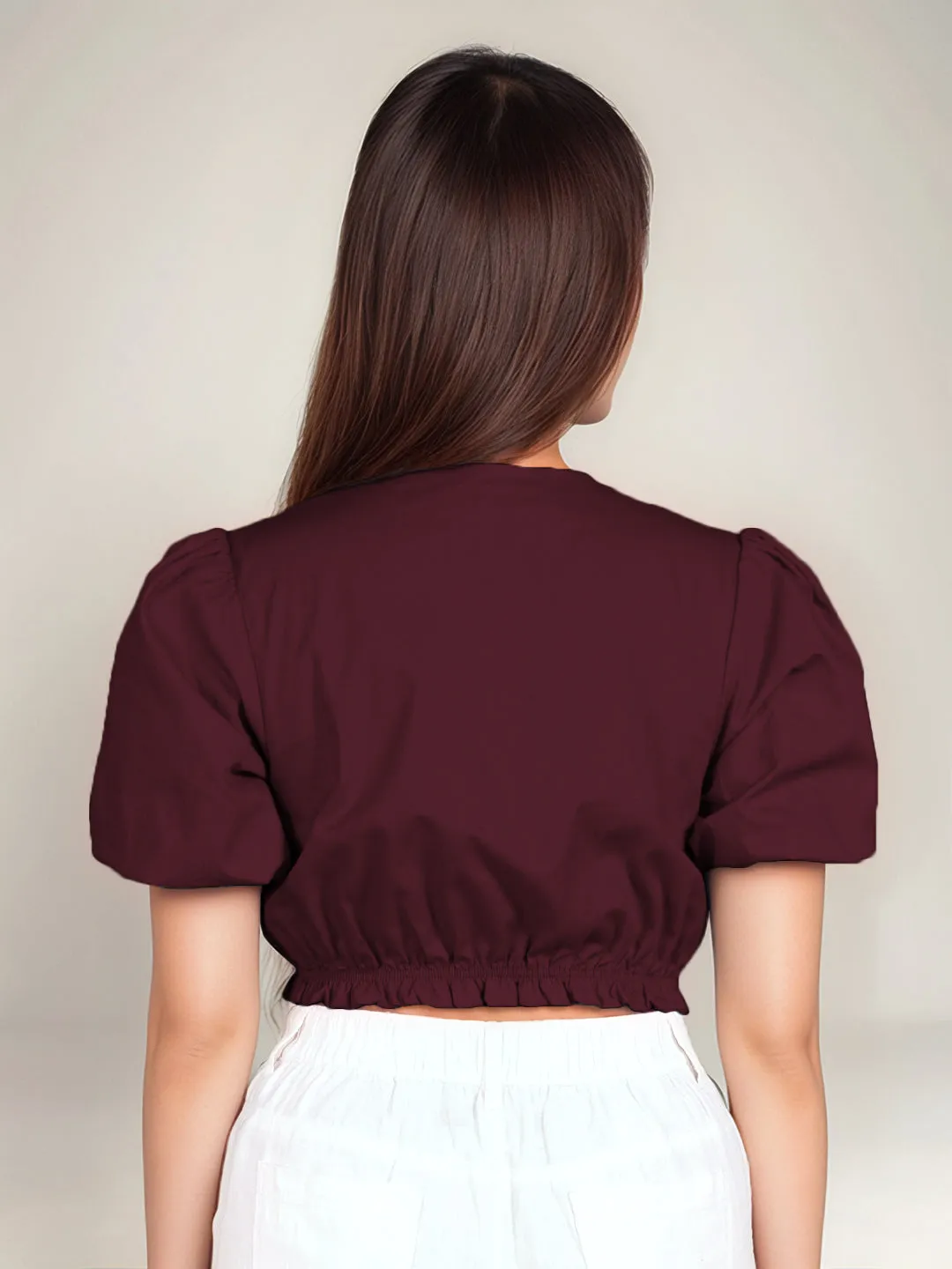 Wine Solid Short Sleeves Crop Top