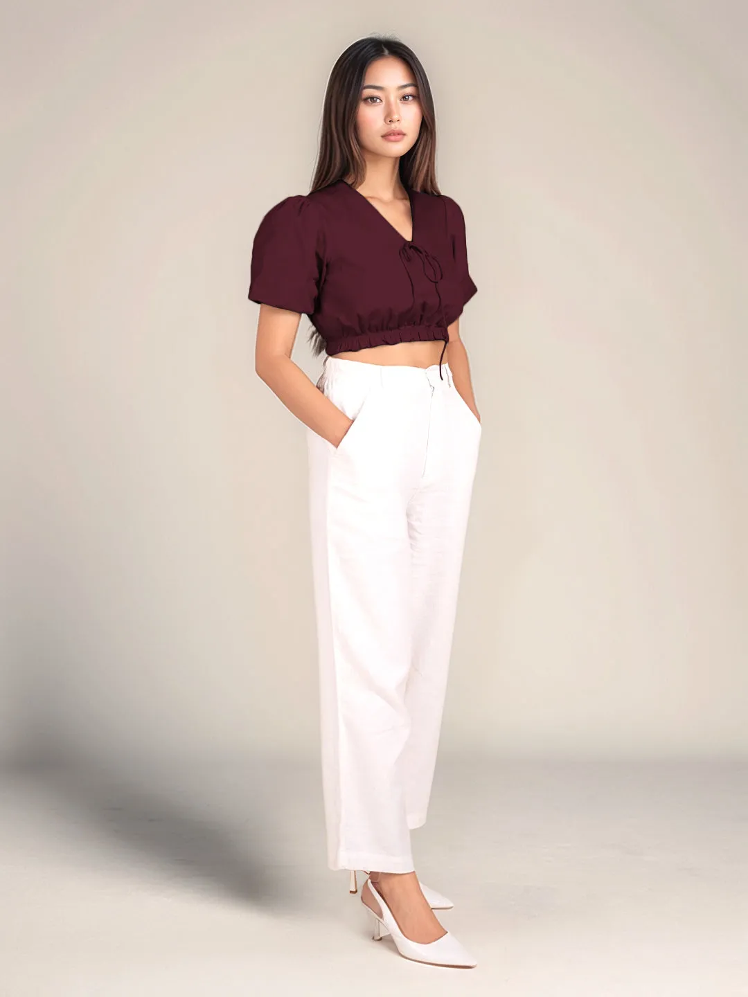 Wine Solid Short Sleeves Crop Top