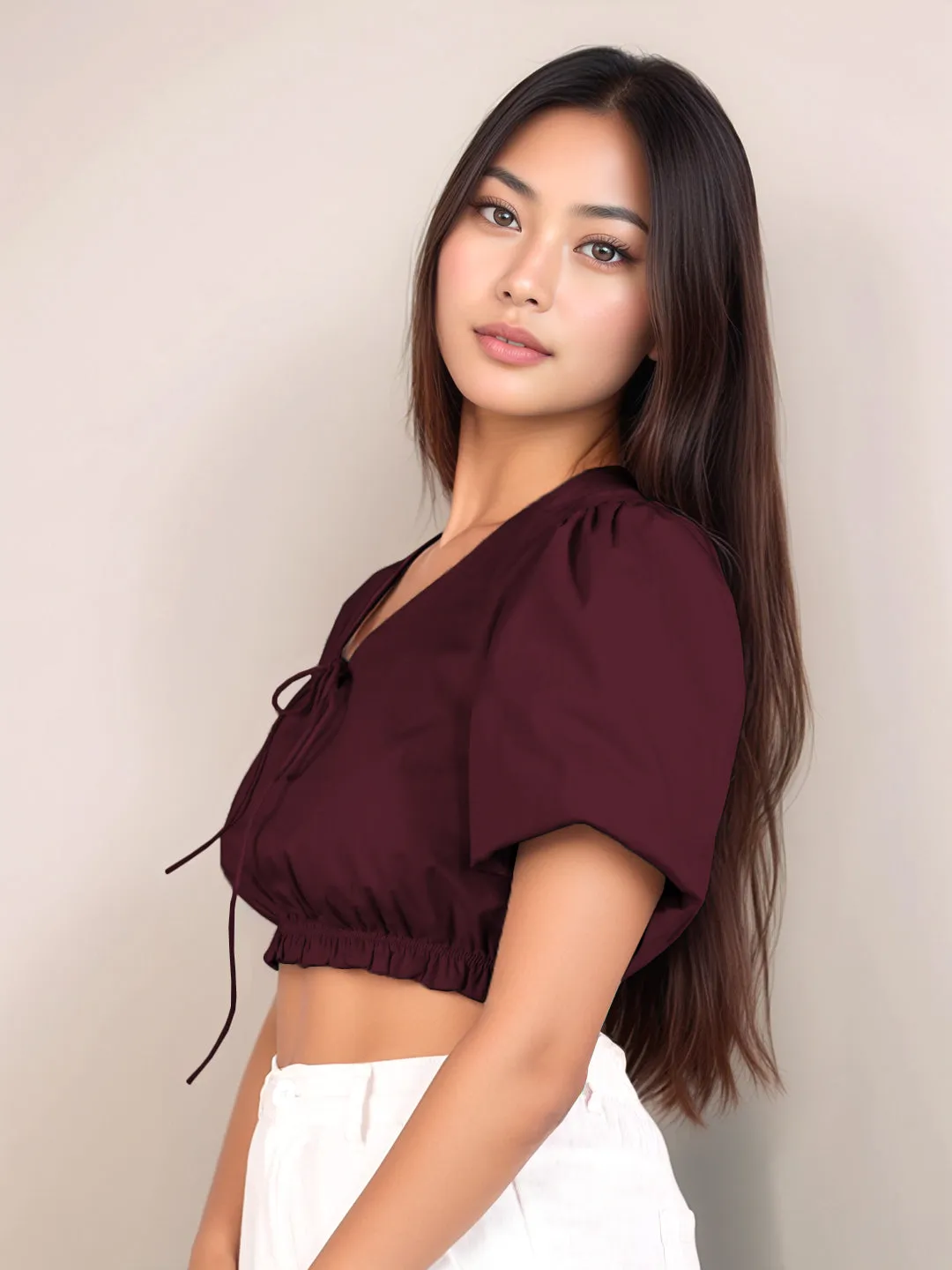 Wine Solid Short Sleeves Crop Top
