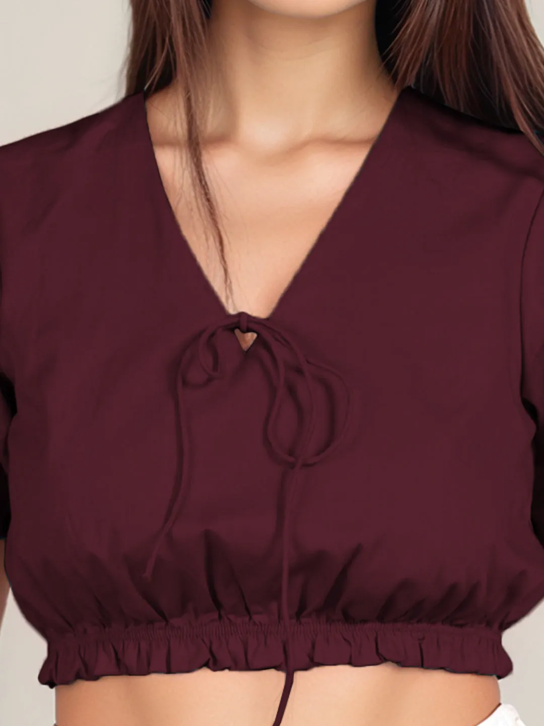 Wine Solid Short Sleeves Crop Top