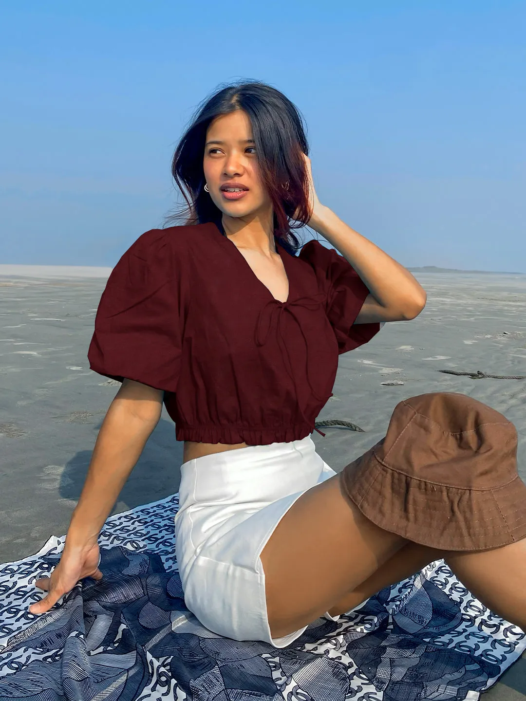 Wine Solid Short Sleeves Crop Top