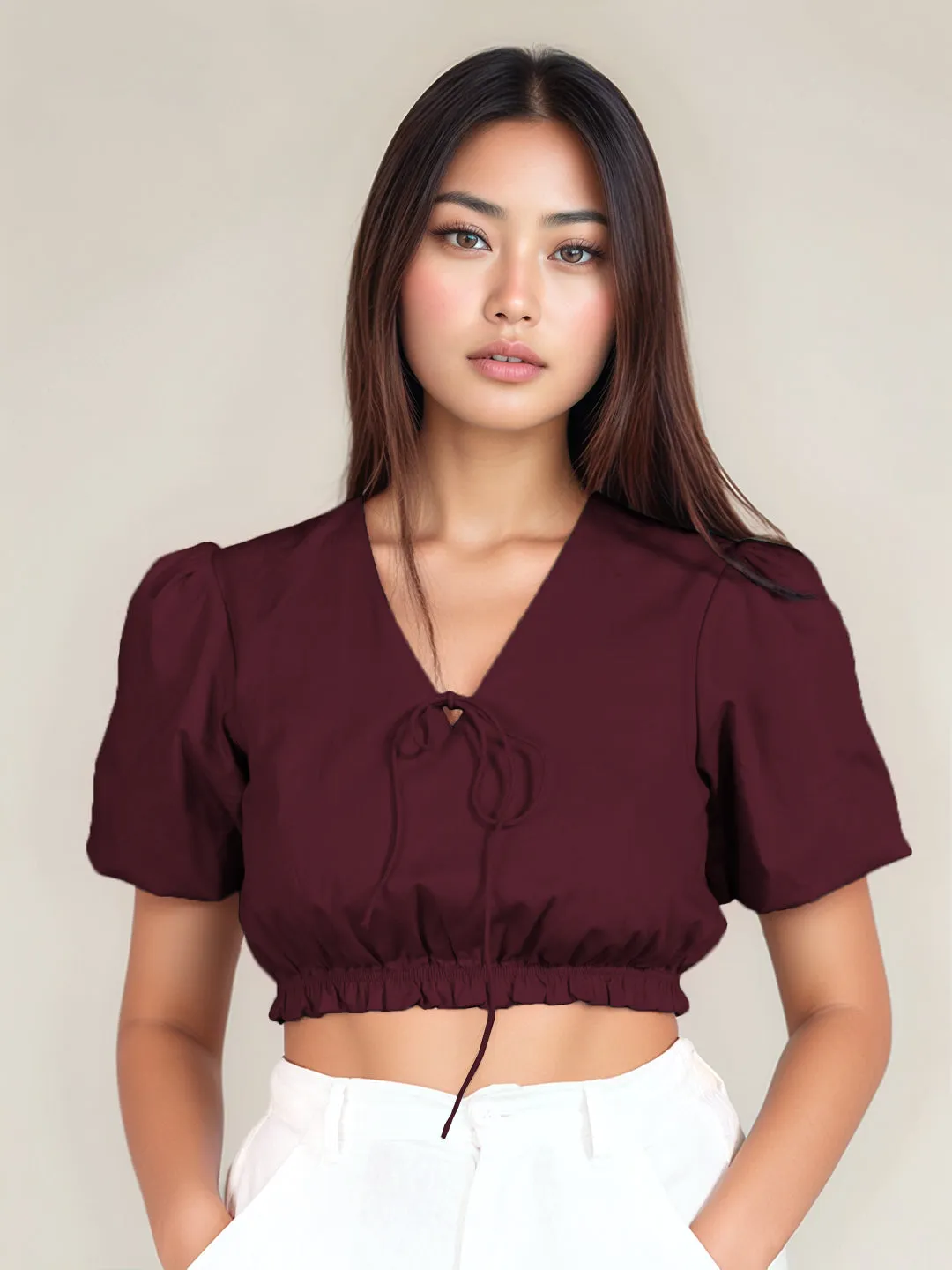 Wine Solid Short Sleeves Crop Top