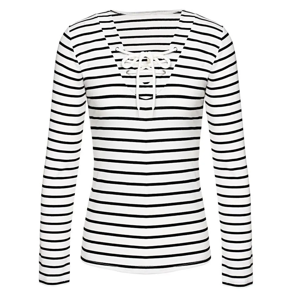 Woman Loose Striped Tops Tees Long Sleeve Black and White Elbow Patch Striped Tee Shirt Basic V-neck T-Shirt