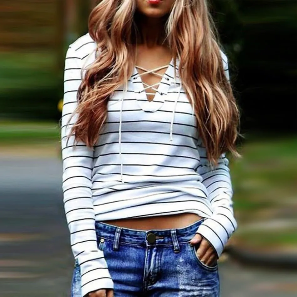 Woman Loose Striped Tops Tees Long Sleeve Black and White Elbow Patch Striped Tee Shirt Basic V-neck T-Shirt