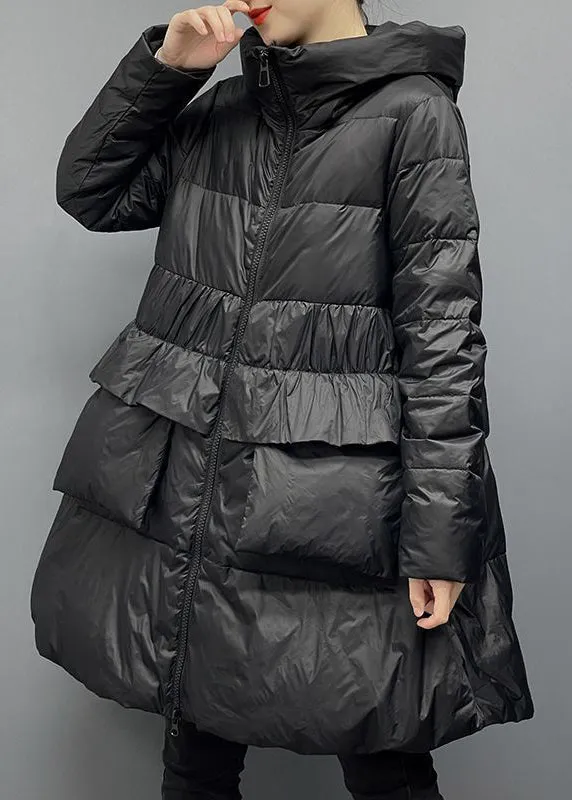 Women Khaki Hooded Zippered Pockets Down Coats Winter