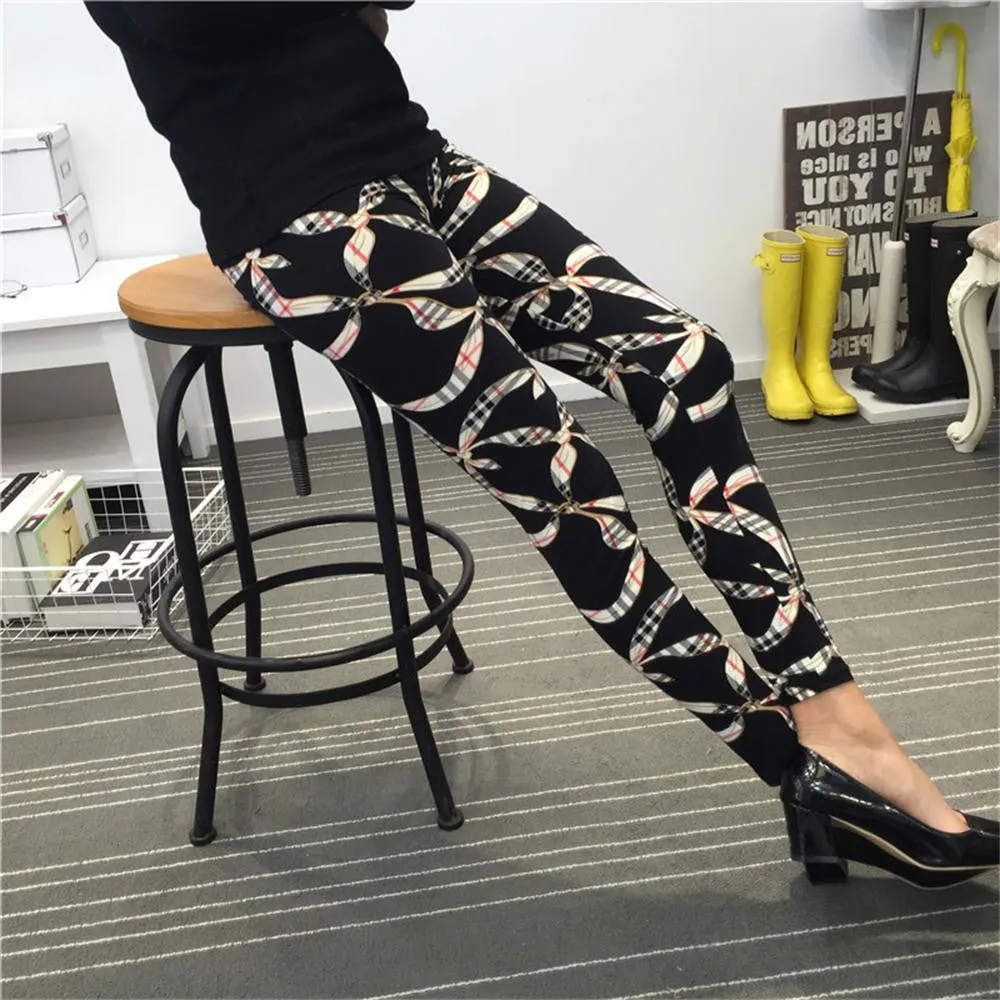 Women Leggings Ninth Casual Pants Plaid Flowers Print Fitness Leggings Women Slim Leggings Flower Leggins