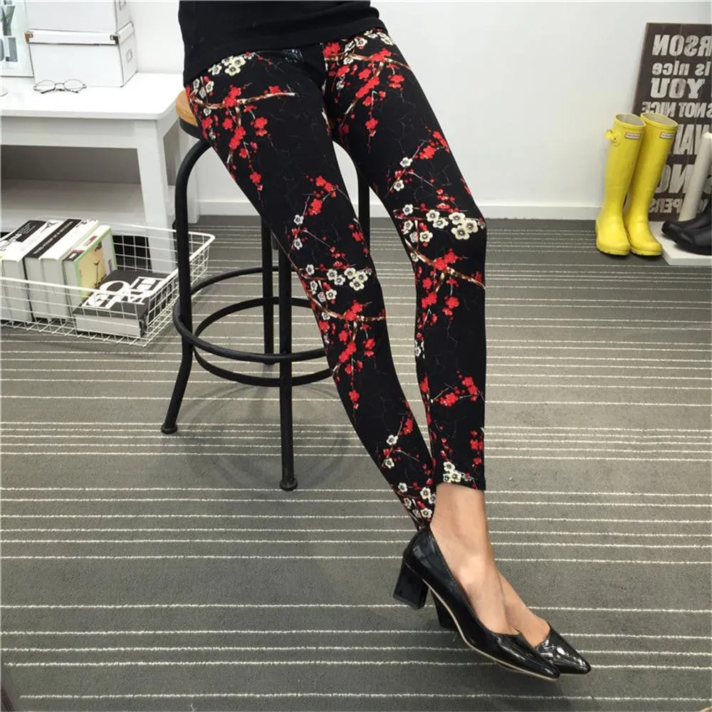 Women Leggings Ninth Casual Pants Plaid Flowers Print Fitness Leggings Women Slim Leggings Flower Leggins