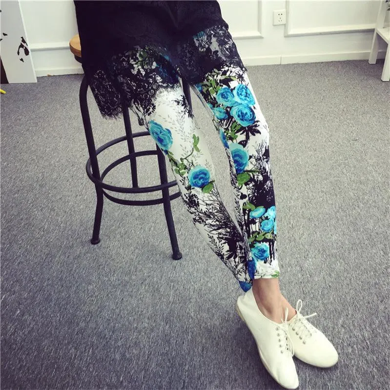 Women Leggings Ninth Casual Pants Plaid Flowers Print Fitness Leggings Women Slim Leggings Flower Leggins