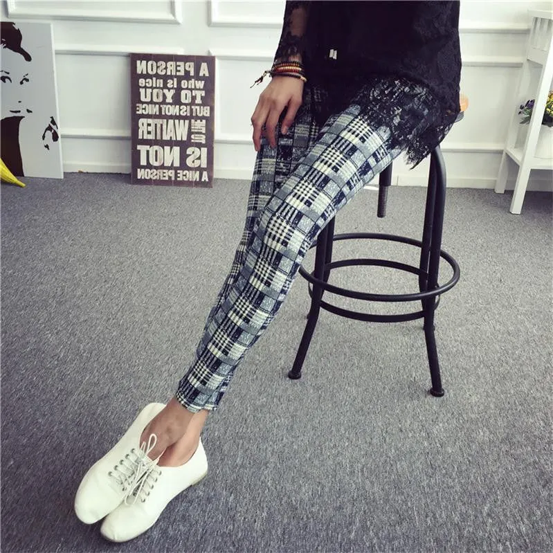 Women Leggings Ninth Casual Pants Plaid Flowers Print Fitness Leggings Women Slim Leggings Flower Leggins
