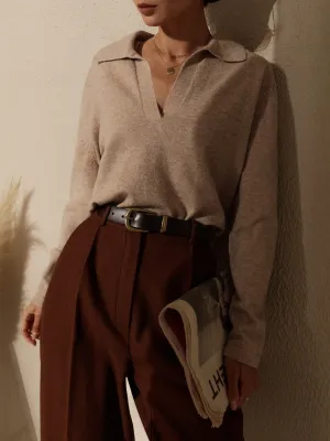 Women’s Elegant V-Neck Wool Polo Sweater with Lapel