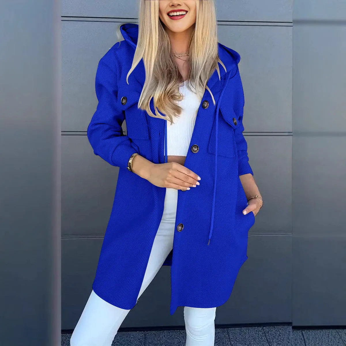 Women's Long Sleeve Hooded Twill Winter Jacket with Pockets