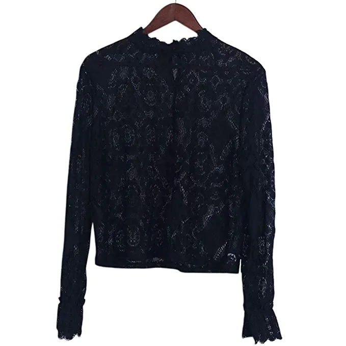 Women's Long Sleeve Lace Tops Casual Hollow Out Stand Collar Shirt Tees