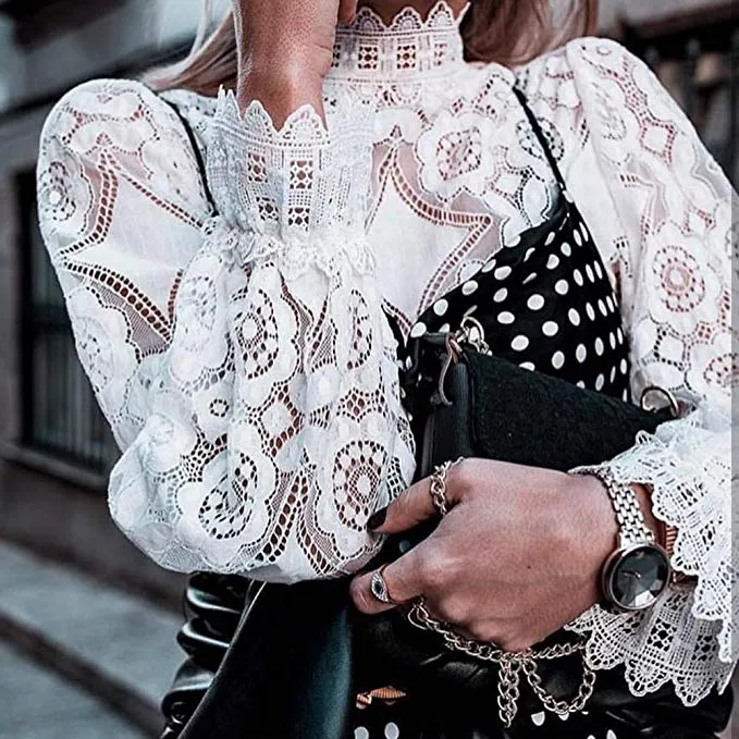 Women's Long Sleeve Lace Tops Casual Hollow Out Stand Collar Shirt Tees