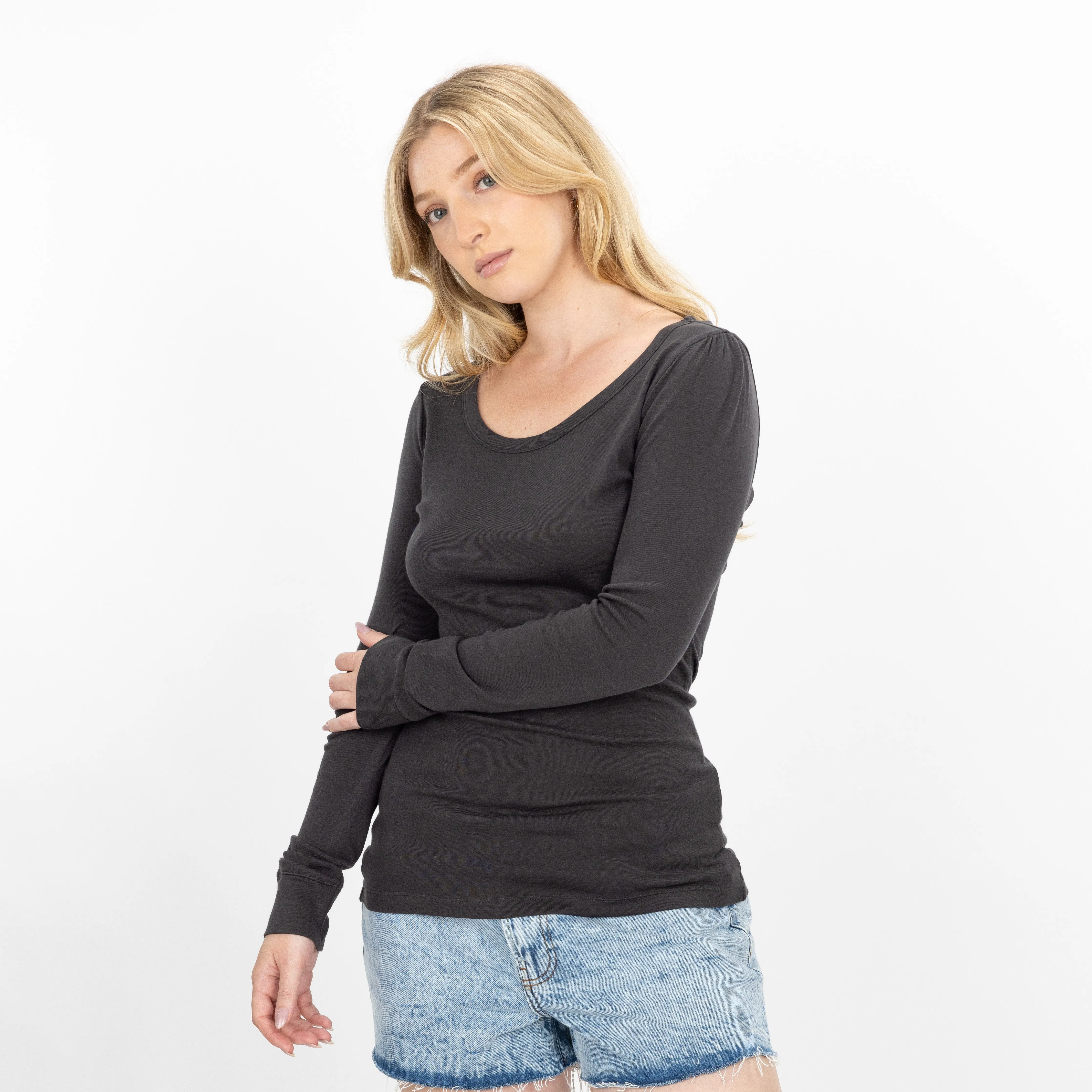 Womens Scoop Neck Long Sleeve Tee - Pirate Black