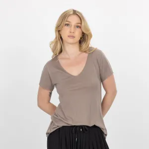 Womens V-neck Raw Edge Tee - Cinder