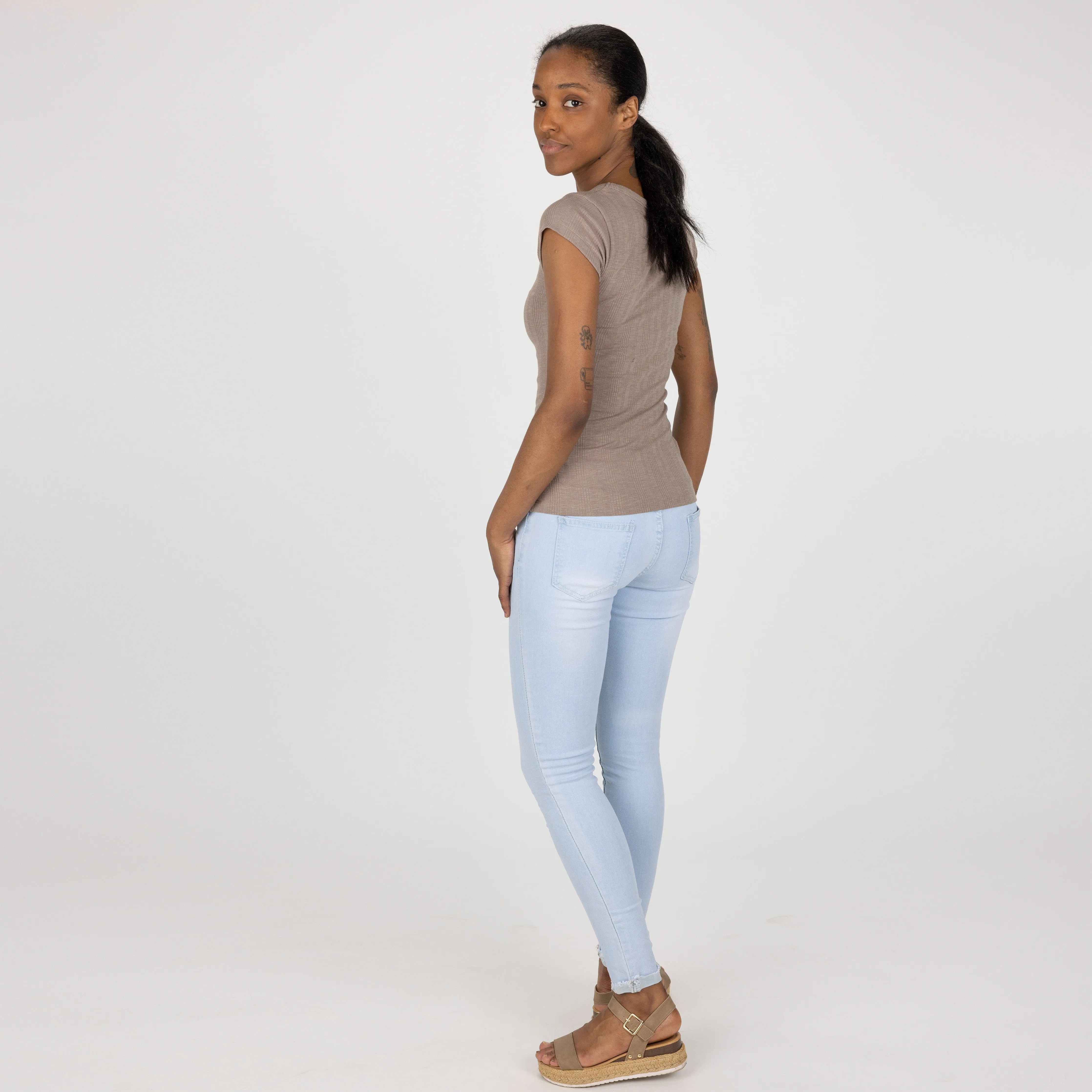 Womens Variegated Ribbed Cap Sleeve U-neck Tee - Fungi