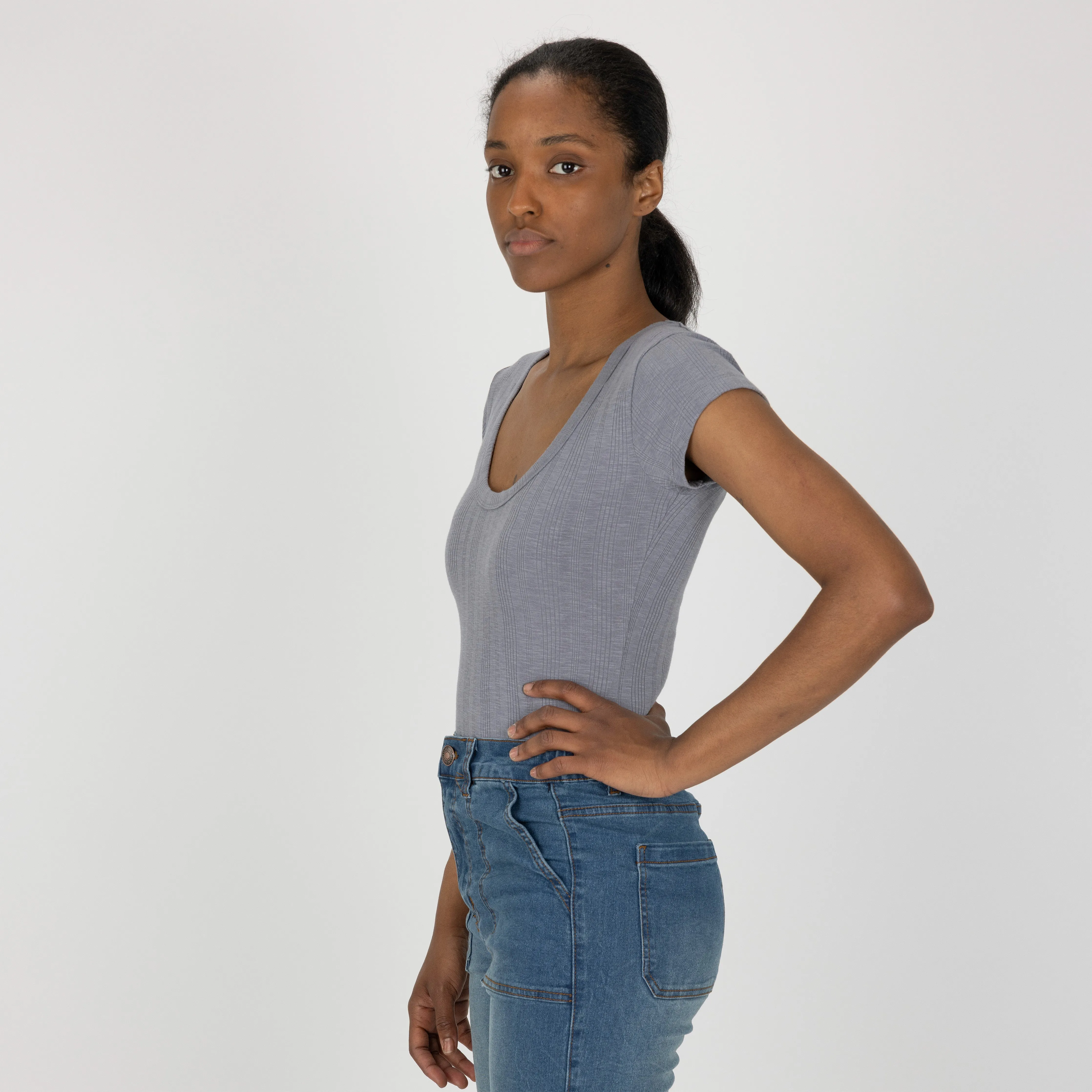 Womens Variegated Ribbed Cap Sleeve U-neck Tee - Quicksilver