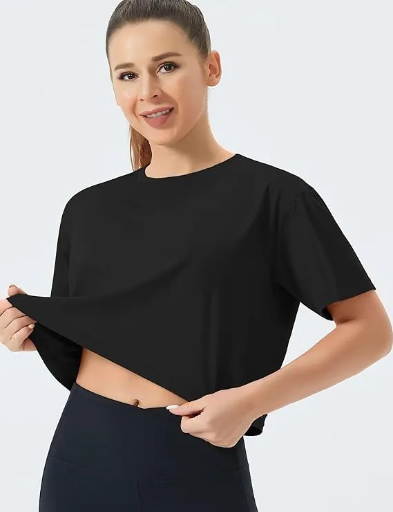 Women's Workout Gym Crop Top T-Shirt Yoga Running Cropped Basic Tee Black