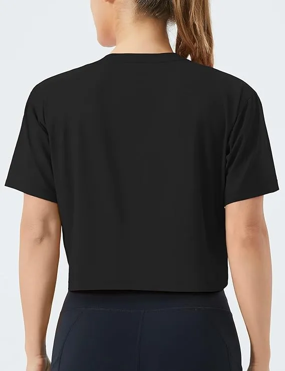 Women's Workout Gym Crop Top T-Shirt Yoga Running Cropped Basic Tee Black