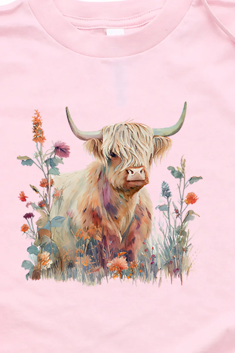 Youth Floral Highland Cow Short Sleeve Relaxed Fit T-Shirt