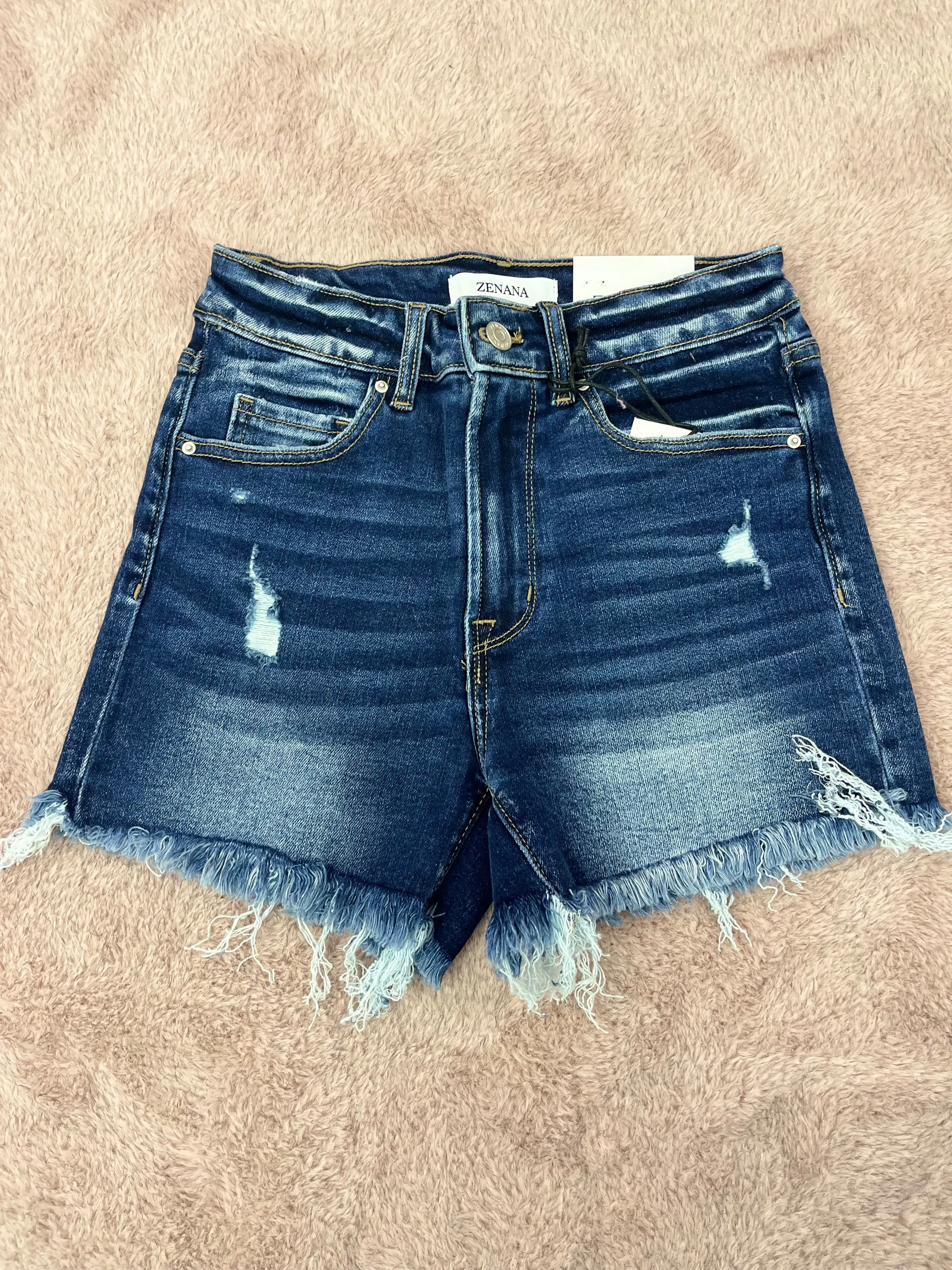 Zenana Dark Wash Distressed Shorts