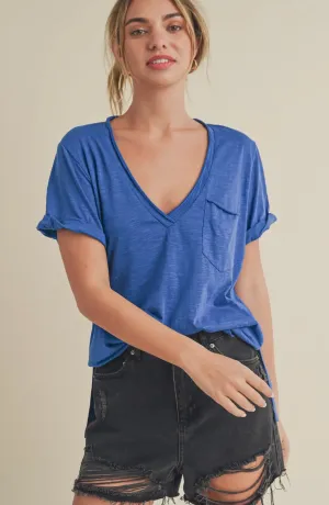 Zoie V-Neck Tee- Cobalt