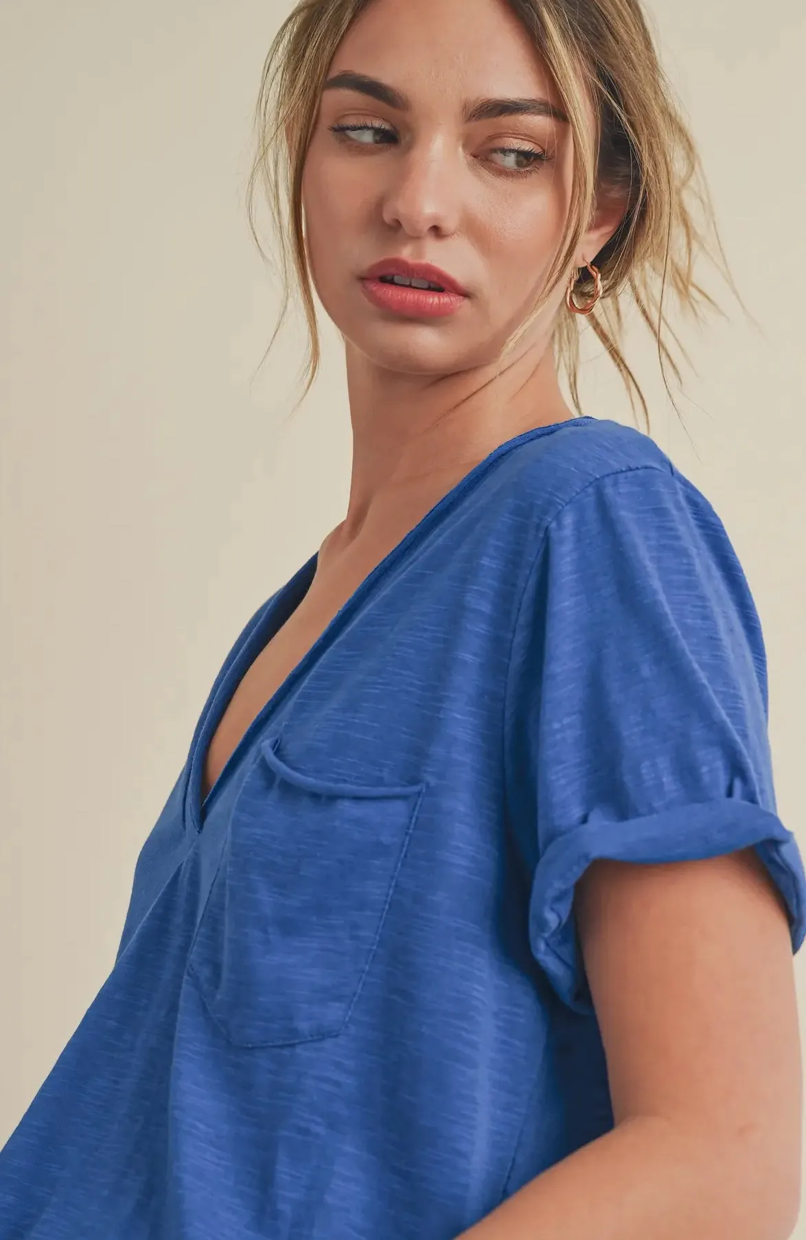 Zoie V-Neck Tee- Cobalt