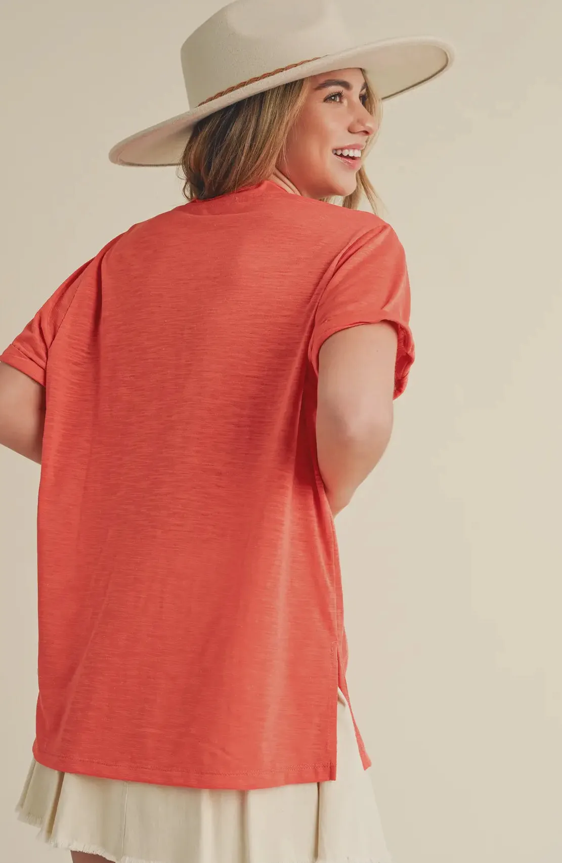 Zoie V-Neck Tee- Coral